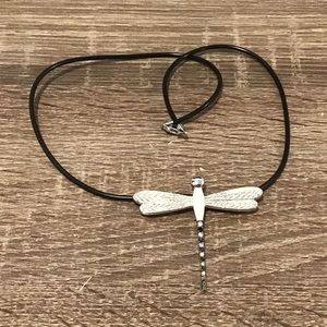 Sterling Silver Dragonfly Black & Clear Stones Pendant Rubber Cord Necklace